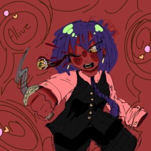 Demon portrait illustration with red background, stylized character, and expressive pose