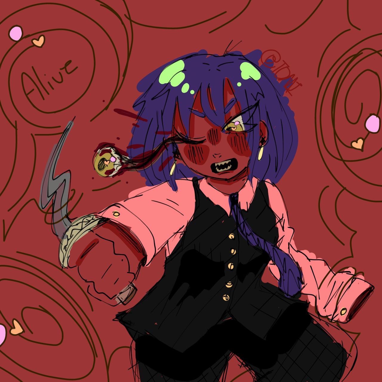 Demon portrait illustration with red background, stylized character, and expressive pose